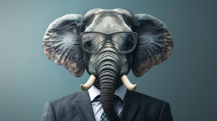 Elephant Business Portrait in Formal Office Suit with Glasses and Tie Representing CEO Manager Conceptual Corporate Leader