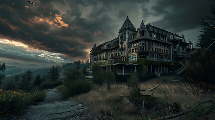 Haunting View of a Decaying Hotel on a Hilltop