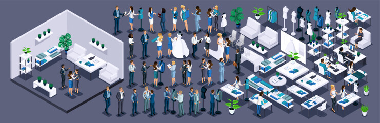 Isometric Kit for creating office for Tailors . Large Kit of furniture for the interior. Kitt of characters to create your own design. Create your own design