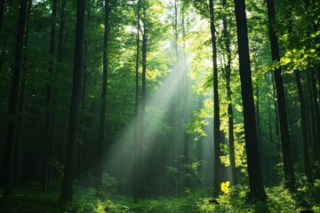 Naklejka premium A serene forest scene featuring sunlight streaming through lush green trees, creating a peaceful and tranquil atmosphere.