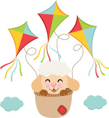 Cute lamb sheep flying inside basket with kites
