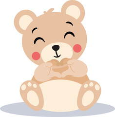 Cute teddy bear making heart with hands