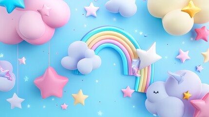 A dreamlike collage with groovy cartoon clouds, rainbows, and stars in pastel colors