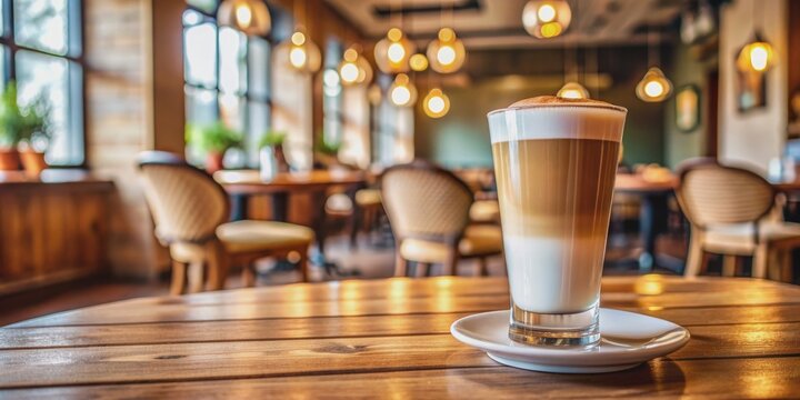 Glass of latte macchiato on a wooden table at a cozy cafe, latte, macchiato, coffee, glass, drink, beverage, wooden table