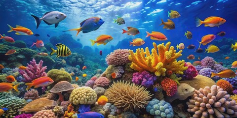 Fototapeta premium Vibrant coral reef teeming with colorful fish in the ocean, coral reef, fish, underwater, marine life, vibrant, colorful