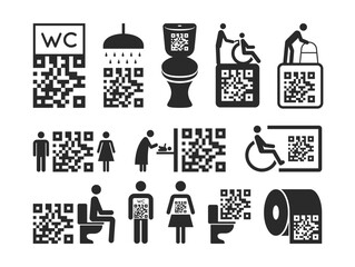 Various QR code icons for toilet facilities, amenities, and accessibility options in a public location