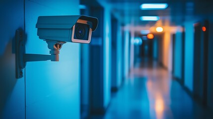 Security Camera in a Blue Lit Hallway.