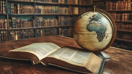Antique Globe and Open Book in a Library Setting