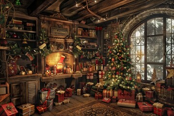 Christmas festive background with an old magical workshop full of gifts and a Christmas tree, in the style of fantasy