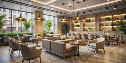 Obraz premium Elegant lounge cafe interior with modern furniture and soft lighting, luxury, sophisticated, design, upscale, cozy
