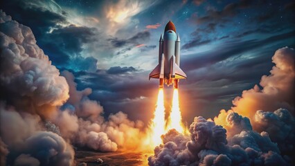 Vibrant rocket launching into a dark, dramatic sky symbolizing exploration