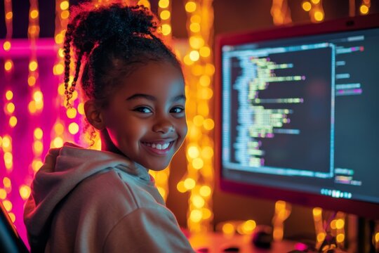 smiling black little girl sits in front of computer screen displaying code, with backdrop of yellow and pink lights 