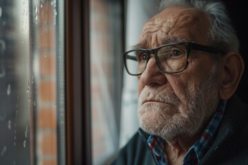 Lonely elderly man lost in thought by window.