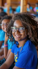 A young woman smiles brightly while wearing glasses. AI.