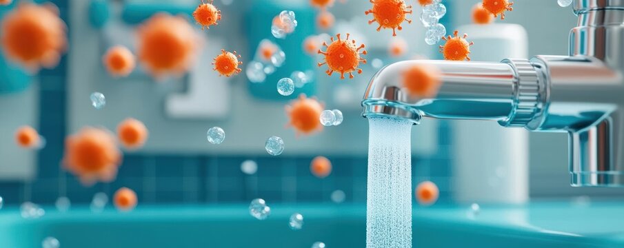 Surreal image of germs being washed off a faucet in abstract colors, symbolizing cleanliness and hygiene in daily routines, germs, hygiene symbolism
