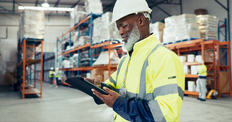 Man, smile and tablet in warehouse for inspection, inventory check and stock management checklist. Logistics, thinking and mature supervisor with tech for shipping order, quality control or courier