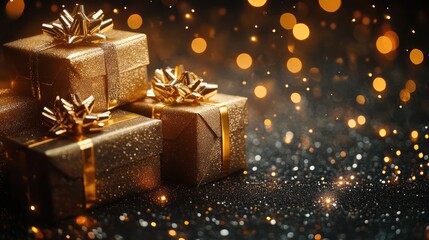 Pile of gift boxes with gold ribbon on dark background and glitter, warm backlight