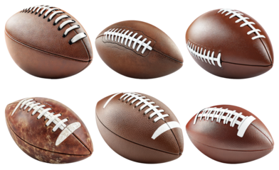 Set of American footballs with different textures isolated on transparent background