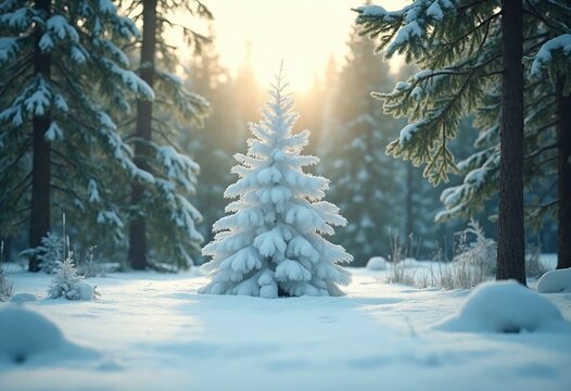 The snow is shining and the forest is green under the sun in this winter forest landscape between a white snowy pine tree and a soft green background