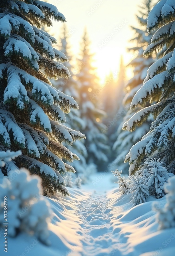 Poster the snow is shining and the forest is green under the sun in this winter forest landscape between a 