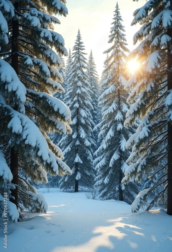 Poster the snow is shining and the forest is green under the sun in this winter forest landscape between a 