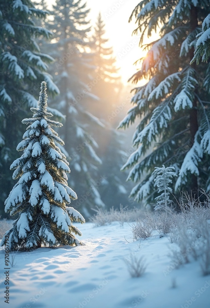 Poster the snow is shining and the forest is green under the sun in this winter forest landscape between a 