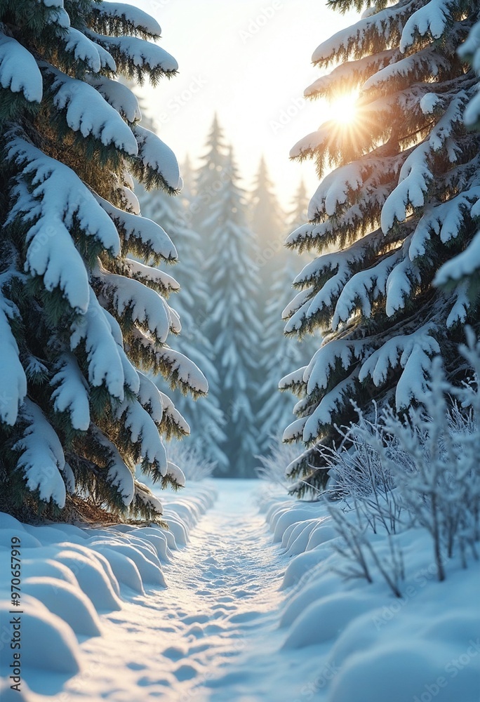 Poster the snow is shining and the forest is green under the sun in this winter forest landscape between a 