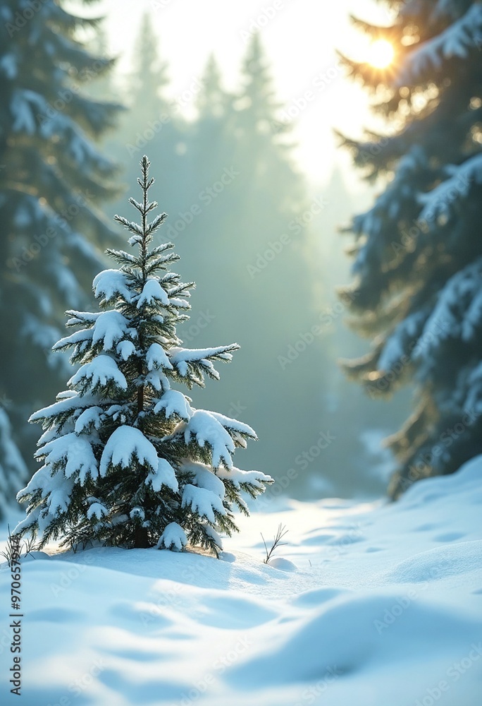 Poster the snow is shining and the forest is green under the sun in this winter forest landscape between a 