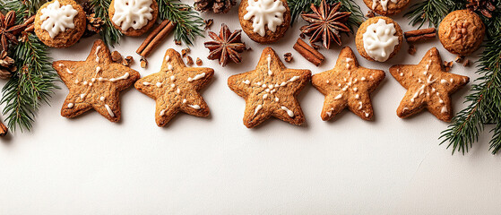 Fototapeta premium Christmas ginger-snaps on white background with copy space, flat lay composition