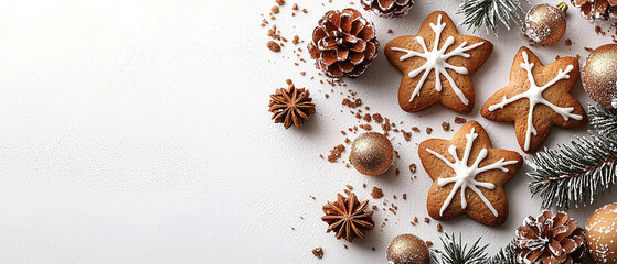 Fototapeta premium Christmas ginger-snaps on white background with copy space, flat lay composition