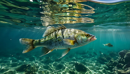 underwater shot of fish biting lure, clear green water, dynamic angle, fishing scene, fisherman in background, bright sunny day