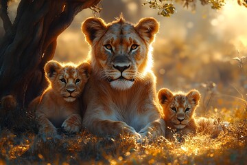 Lioness lying protectively with her cubs in the shade of an acacia tree