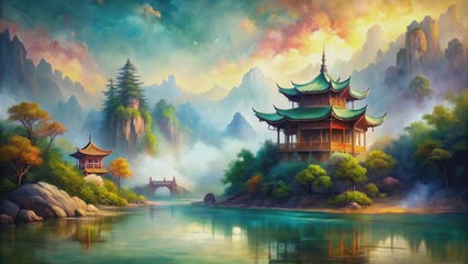 Abstract dream painting with a deep sense, Chinese landscape colors, and three-dimensional texture, decorative