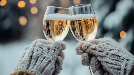Close-up cropped view of two hands wearing warm outfit holding in hands glasses sparkling wine congrats festal mood atmosphere outdoor festive event party