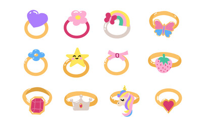 Kids jewelry set, different cute rings. Cartoon drawing rings for children isolated on white. Fashion, jewelry concept. Vector hand draw illustration