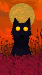 Silhouette of a Wolf with Glowing Eyes Under a Full Moon in a Field of Red Roses