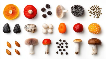 Vibrant Medicinal Mushrooms and Seeds in Pop Art Style on White Background