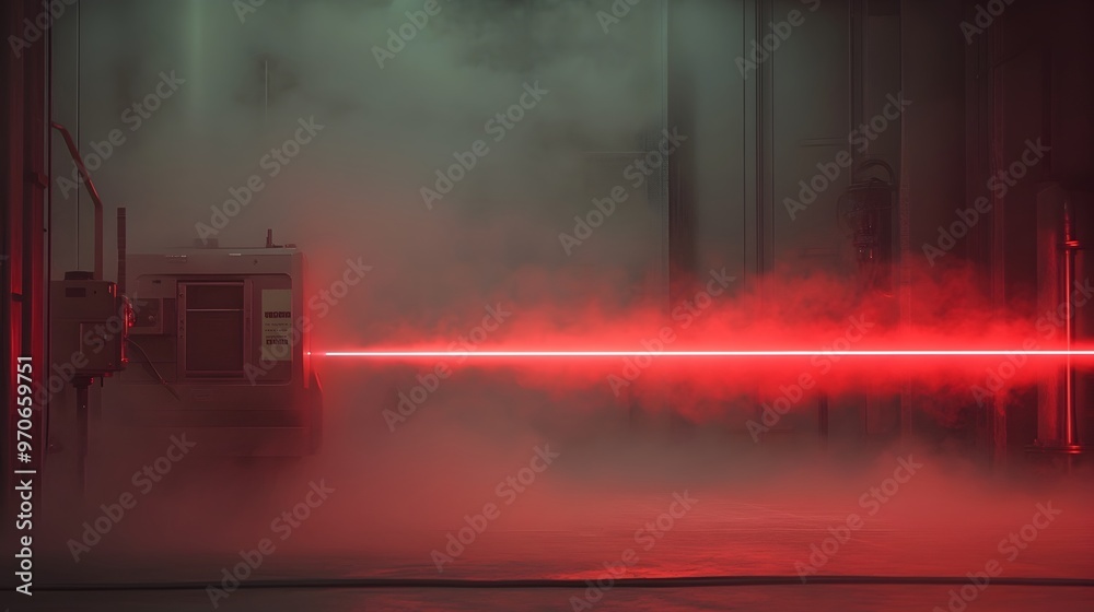 Poster mesmerizing laser beam trajectory through fog or vapor in a laboratory setting