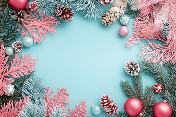 Fototapeta premium Pink and turquoise Christmas background, flat lay composition