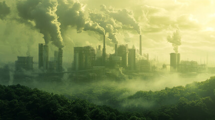 Fototapeta premium Pollution from industrial plants affecting nearby natural landscapes