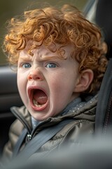 A child with red curly hair screams with a wide open mouth. AI.