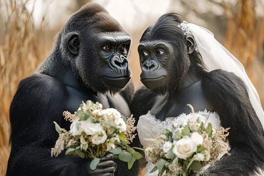Two gorillas in wedding attire holding bouquets, set in a natural environment.