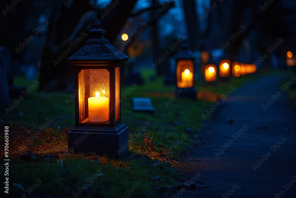 Wall mural Mystical Night at Cemetery with Lanterns for Day of the Dead Ceremony  