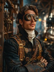 Fototapeta premium A man wearing steampunk goggles and a leather jacket adorned with gears and other intricate details. AI.
