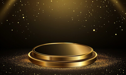 Obraz premium A golden circular platform or stage with a dark background and glowing stars or sparkles