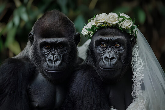 Two gorillas dressed in wedding attire, showcasing a playful and whimsical scene.