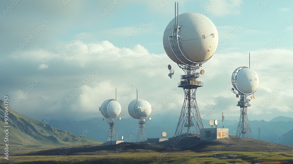 Poster Mountain Signal Towers with Satellite Dishes Linking Isolated Communities to Global Networks