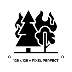 Forest fire black glyph icon. Wildfire. Burning trees and flames. Nature disaster. Deforestation. Forest destruction. Silhouette symbol on white space. Solid pictogram. Vector isolated illustration