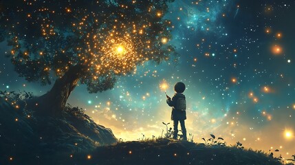 Obraz premium Mystical figure planting star seeds in the ethereal night sky watching cosmic constellations bloom