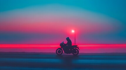 Fototapeta premium Neon Lit Motorcycle Silhouette Against Glowing Evening Sky